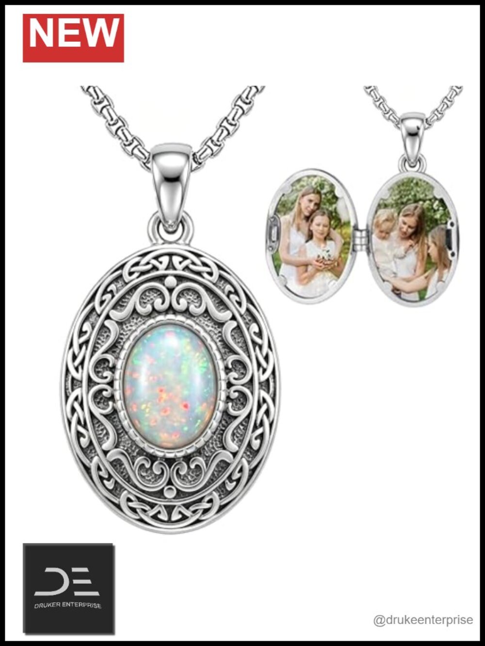 18K White Gold Plated Opal Locket Necklace Holds Pictures Memorial Gift